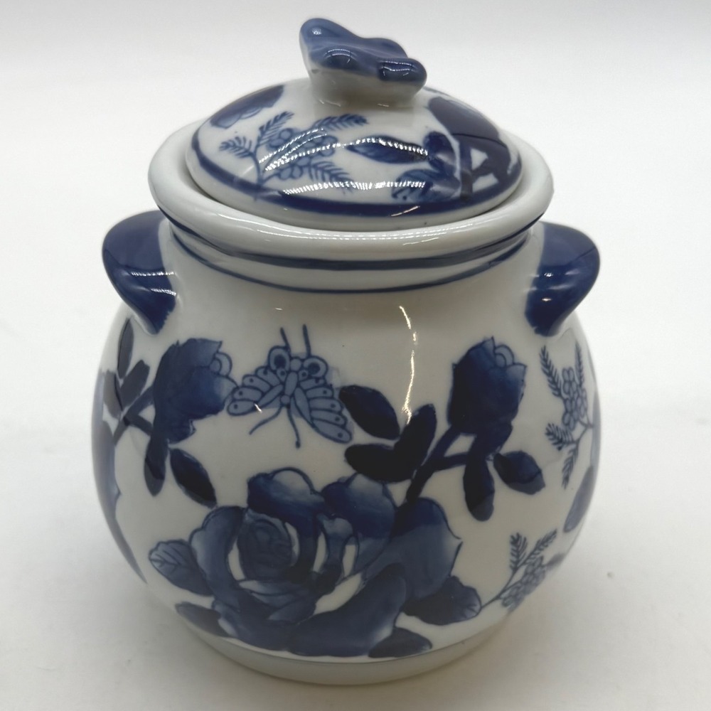 Vintage Blue and White Porcelain Ginger Jar Lidded Rose Butterfly Chinoiserie